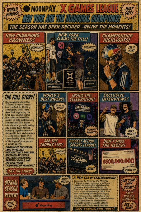 A comic-book style promotional graphic for the 'MOONPAY X GAMES LEAGUE' declaring 'NEW YORK ARE THE INAUGURAL CHAMPIONS!', featuring panels with headlines like 'WORLD'S BEST RIDERS!', 'INCLUDE THE CELEBRATION!', and '$500,000,000' in prize money.