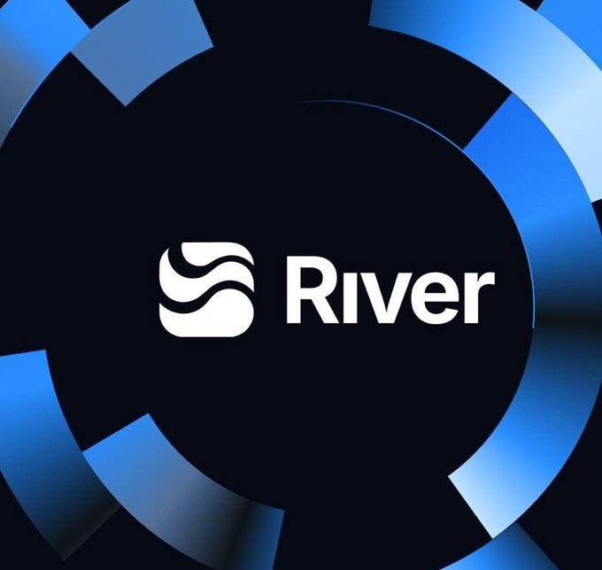 The image features a logo for a company named "River". The logo consists of a circle with a white wave design, surrounded by blue circles that create a circular pattern. The word "RIVER" is written in white letters within this design. The background color of the image is black, which contrasts with the blue and white elements of the logo.