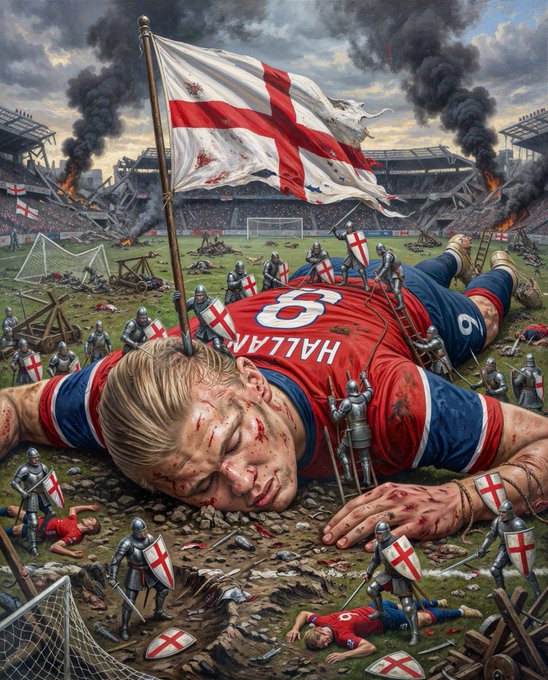 A blood‑soaked Hallan, jersey number 8, lies dead on a war‑torn football pitch beneath a tattered St. George’s flag while medieval knights clash, visualising the “Day 12 of July 2026 $ANSEM” showdown.