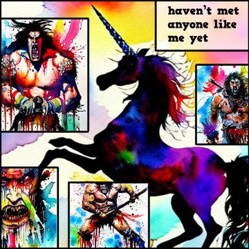 A colorful, chaotic meme featuring a rainbow-colored unicorn silhouette surrounded by comic-style panels of muscular warriors, with text reading 'haven't met anyone like me yet'.