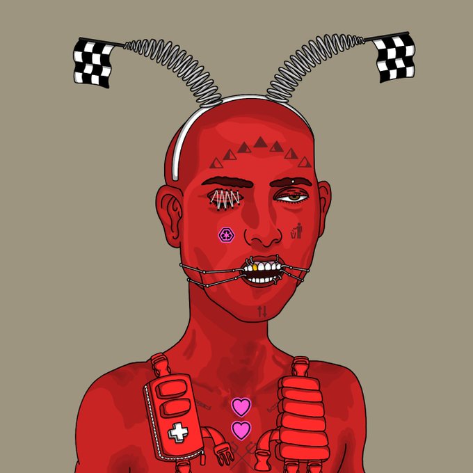 A red-skinned bald figure wears racing flags on springy antennas sprouting from a headband, with face piercings, a septum ring, and a utility vest bearing pink heart stickers—visually matching the post's reference to @pharaohgodmob, whose name combines "pharaoh" imagery with the "Godlist" guarantee of 3 mints.
