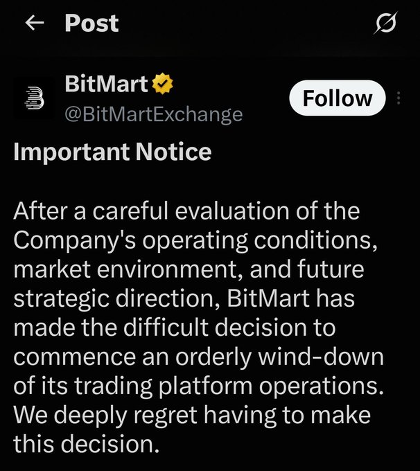 A screenshot of BitMart's official X/Twitter account (@BitMartExchange) announcing the orderly wind-down of its trading platform operations, citing operating conditions and market environment—supporting the post's claim that another centralized exchange is shutting down.