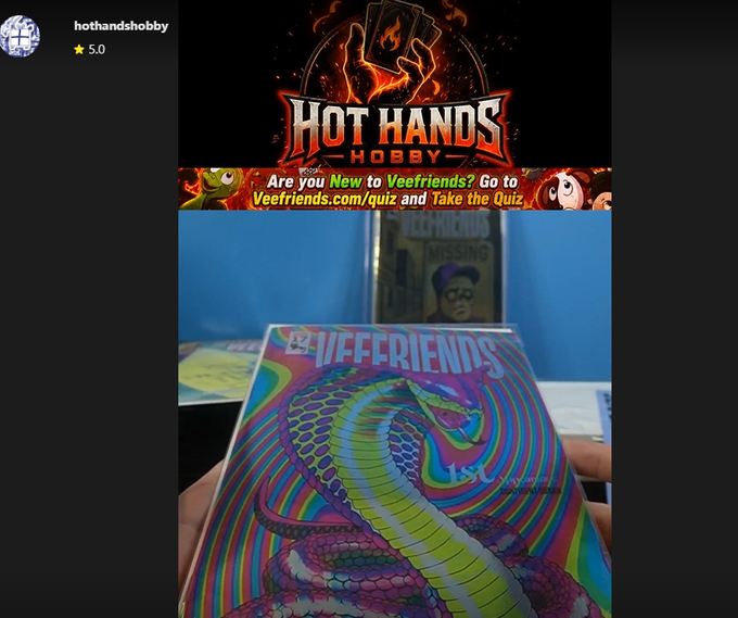 TikTok video from 'hothandshobby' promoting 'Veefriends' cards and 'HOT HANDS HOBBY', showing a colorful snake card design and asking viewers to take a quiz.