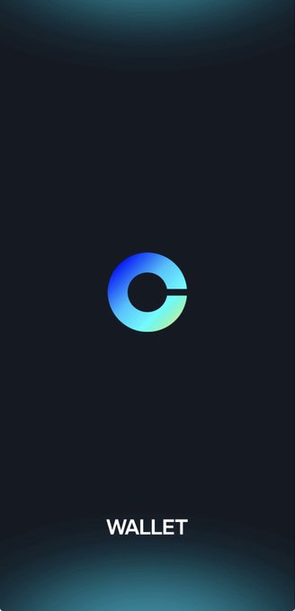 The image shows the Coinbase Wallet splash screen with its gradient blue-green "C" logo centered on a dark background above the word "WALLET," which the poster is highlighting as part of the app's impressive UI redesign and refreshed opening experience.