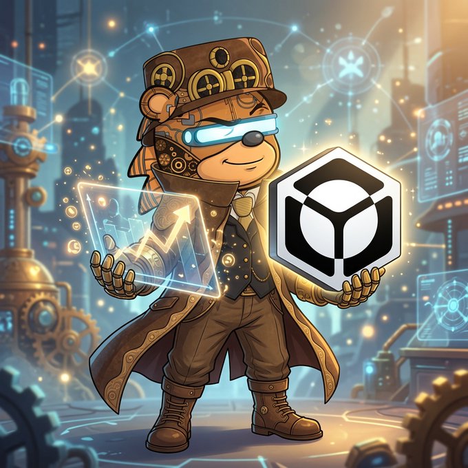 A steampunk-style mascot character wearing a top hat and glowing goggles holds a holographic card and a white cube logo in a futuristic cityscape.
