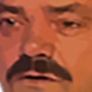 A low-resolution, close-up digital illustration of a man's face with a mustache, looking serious with furrowed brows.
