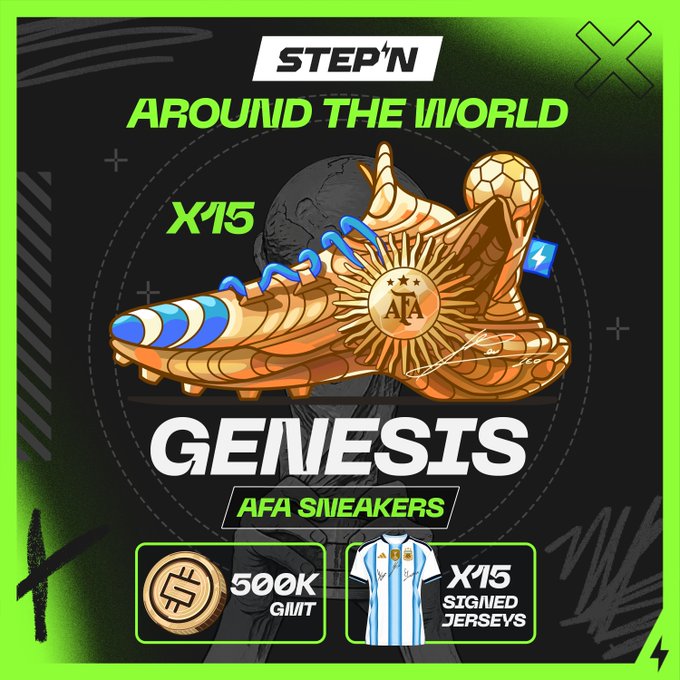 The image features a pair of golden soccer cleats with a gold soccer ball on top, along with a coin and some text that reads "Step'n around the world" and "Genesis afa sneaker collectors". The caption below the image states "Step'n around the world", which is likely related to the golden soccer cleats.