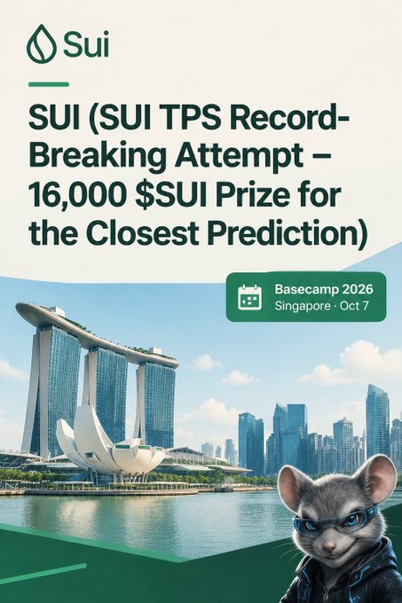 A promotional graphic for Sui announcing a 'SUI TPS Record-Breaking Attempt' with a 16,000 $SUI prize, mentioning Basecamp 2026 in Singapore on Oct 7.