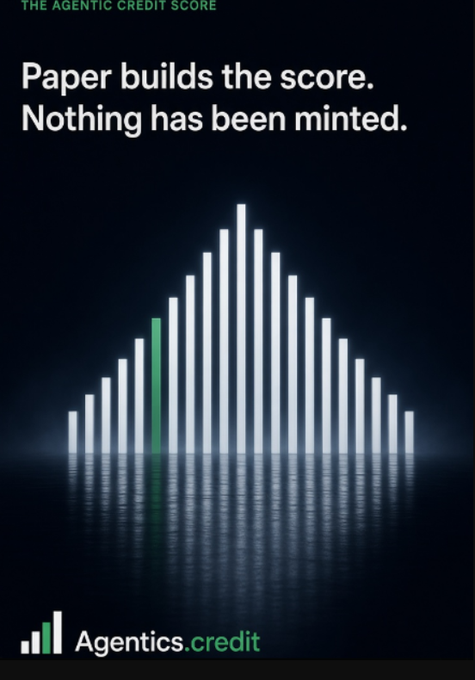 A promotional graphic for 'Agentics.credit' titled 'THE AGENTIC CREDIT SCORE' stating 'Paper builds the score. Nothing has been minted,' featuring a glowing bar chart.