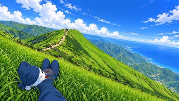 An anime-style illustration of a character with dark hair and a bow lying in lush green grass on a mountainside, overlooking a scenic view of mountains and the ocean.