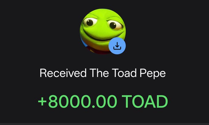 A notification shows the user "Received The Toad Pepe" with +8000.00 TOAD, corresponding to the post announcing the receipt of 8,000 $TOAD tokens from @mdudas, which the user plans to split into airdrops of 2,000 $TOAD each to four followers.