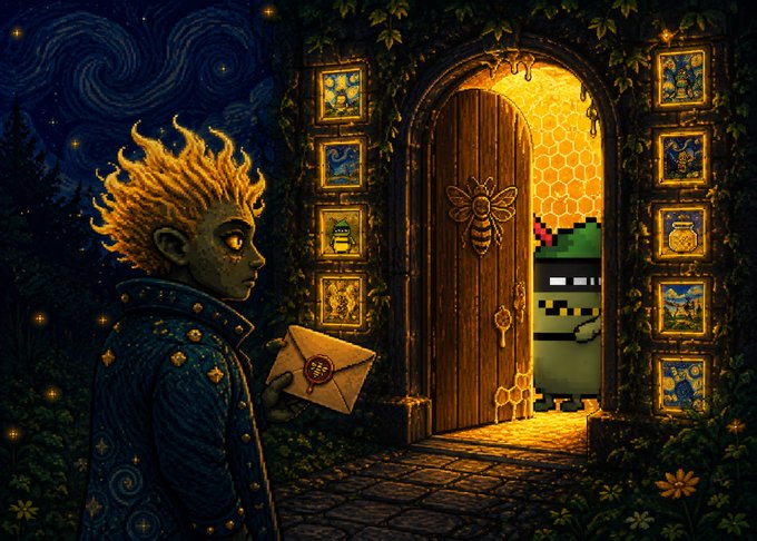 A flame-haired figure in ornate armor holds a sealed envelope before an arched door adorned with a bee emblem, through which a pixelated green character peers out—blending classical painterly style with crypto-art aesthetics to symbolize the rare gateway into the DMT (dmt_eth) whitelist for the Gogh community.

The image visually represents the post's concept of a curated "door" being opened: the enchanted doorway symbolizes the limited 10 whitelist spots, the held envelope suggests the wallet submission required for entry, and the mixed artistic styles (Van Gogh-inspired swirling sky, pixelated figure) echo the "Art finds art" tagline celebrating creative collaboration between the Punks and Gogh communities.
