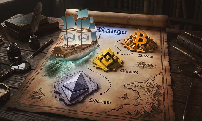 A vintage treasure map sprawled across a desk displays the "Rango" exchange routing service, featuring a galleon ship and the logos of Bitcoin, Binance, and Ethereum, symbolizing its role in connecting major crypto networks—including the newly integrated Wanchain—across multiple blockchains.