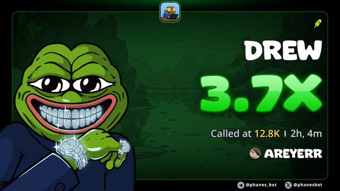 A graphic showing 'DREW' with a '3.7X' multiplier, called at '12.8K', featuring a cartoon Pepe the Frog character with diamond rings, credited to 'AREYERR'.