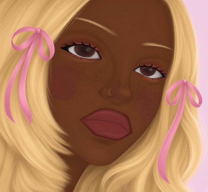 A stylized digital illustration of a girl with dark skin, freckles, and voluminous blonde hair adorned with pink ribbon bows on each side.