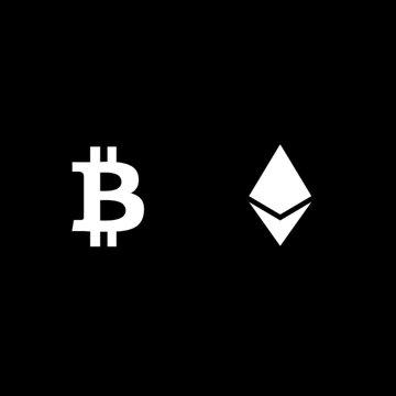 Two cryptocurrency logos—the Bitcoin "₿" symbol and the Ethereum diamond—are displayed side by side on a black background, representing the BTC and ETH spot ETFs highlighted in the weekly ETF flows data.