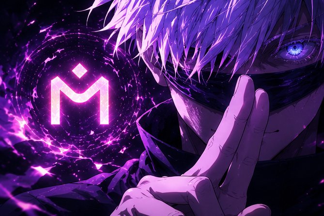 Anime-style artwork of a character with white hair and a glowing purple eye, holding a hand gesture near their face, with a glowing pink 'M' symbol on a dark purple background to the left.