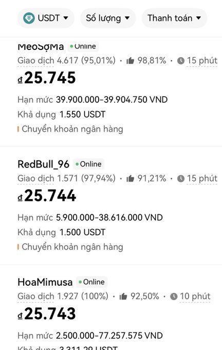 A list of Vietnamese cryptocurrency sellers (Medgma, RedBull_%, HoaMimusa) offering USDT at rates around 25,743-25,745 VND via bank transfer.