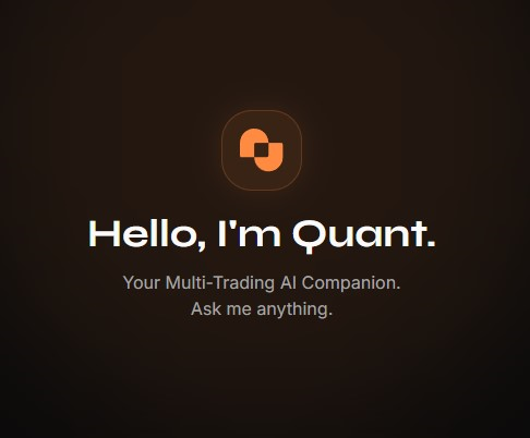 The image displays an introductory graphic for "Quant," featuring an orange logo on a dark background with the text "Hello, I'm Quant. Your Multi-Trading AI Companion. Ask me anything." This visual introduces the Quant AI companion referenced in the post, which discusses qualifying for the Quants whitelist through creating original content about the platform rather than simply holding a Quack Head NFT.