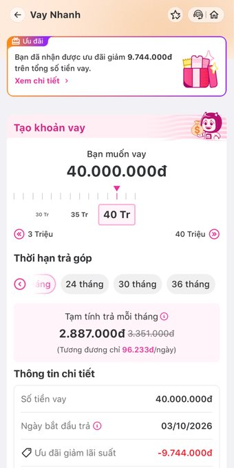 A Vietnamese mobile loan app interface (Vay Nhanh) showing a loan creation screen for 40,000,000đ over 40 months with a monthly payment of 2,887,000đ, offering a -9,744,000đ discount.