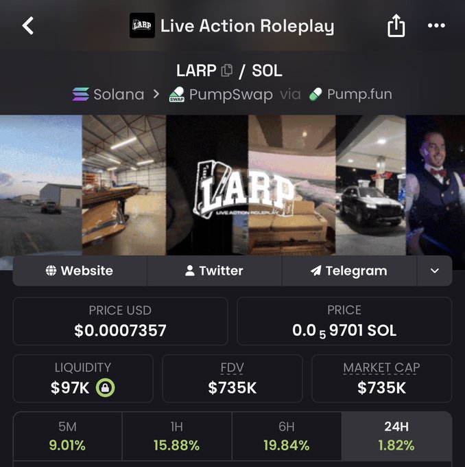 The image shows a crypto tracking page for the "LARP" (Live Action Roleplay) token on Solana via PumpSwap/Pump.fun, displaying a price of $0.0007357 (0.00059701 SOL), a market cap of $735K, and FDV of $735K with positive 24-hour gains of 1.82%. The screenshot ties to the post's wordplay about "larp-ing," as LARP is both the memecoin's name and a term meaning to pretend or roleplay—humorously suggesting the poster bought the coin until they no longer have to "larp" about being financially successful.