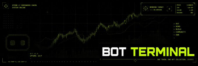 A dark-themed digital dashboard titled 'BOT TERMINAL' displays a $ROSEWOOD token chart with mining target details including price, ROI, volume, and holders, alongside menu options like BUY, BOND, BUILD, COMMUNITY, and OWN.