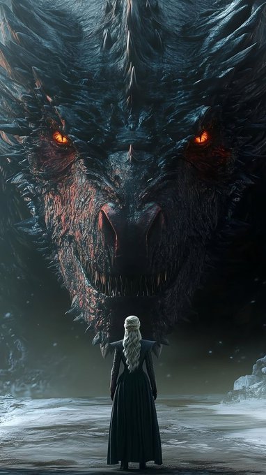 A fantasy artwork showing a small figure with long blonde hair in a dark cloak, standing before a massive, menacing dragon with glowing red eyes and sharp teeth.