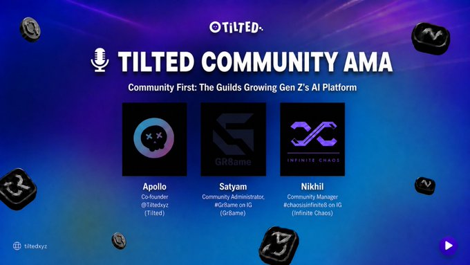 A purple promotional graphic for the 'TILTED COMMUNITY AMA' event titled 'Community First: The Guilds Growing Gen Z's AI Platform', featuring three speakers: Apollo, Satyam, and Nikhil.