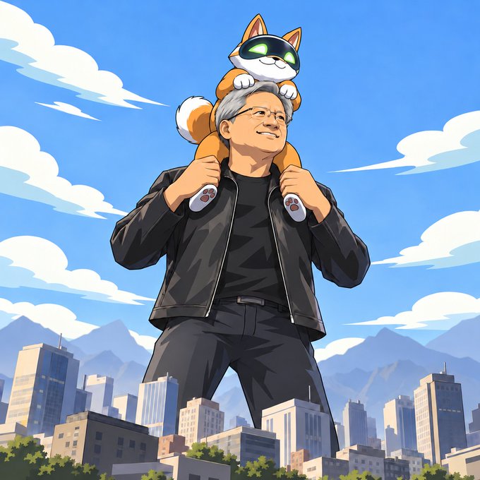 An anime-style illustration depicts a giant man with glasses and gray hair wearing a black jacket, carrying a robotic orange and white cat with glowing green eyes on his shoulders, towering over a city skyline with mountains in the background.