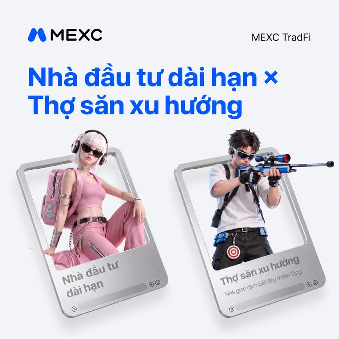 MEXC TradFi advertisement in Vietnamese with the headline 'Nhà đầu tư dài hạn × Thợ săn xu hướng' (Long-term investor × Trend hunter), featuring stylized 3D characters of a woman with headphones and a man with a sniper rifle.