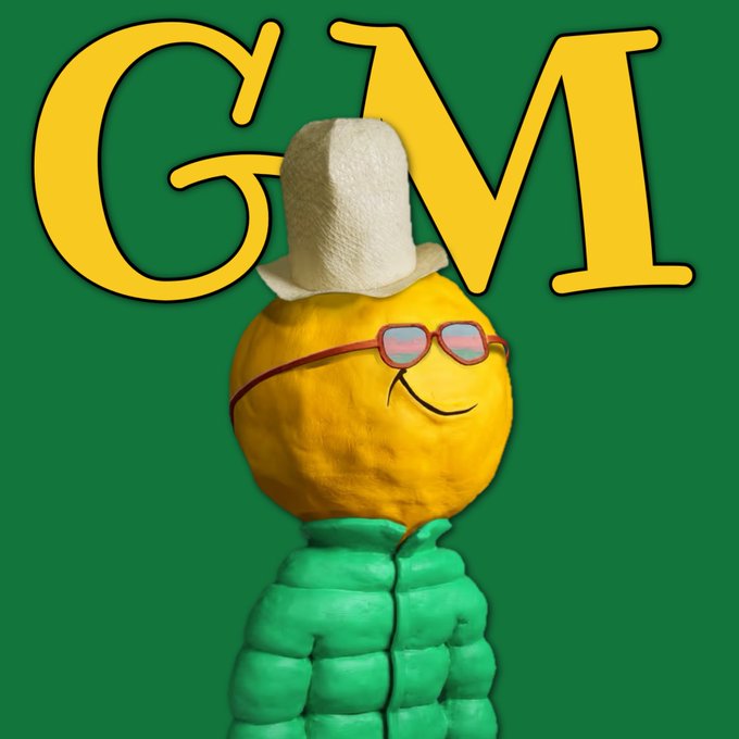 A whimsical figure with a round yellow citrus-like head wearing a tall white hat, pink sunglasses, and a green puffer jacket stands in front of a green background with large yellow letters 'GM'.