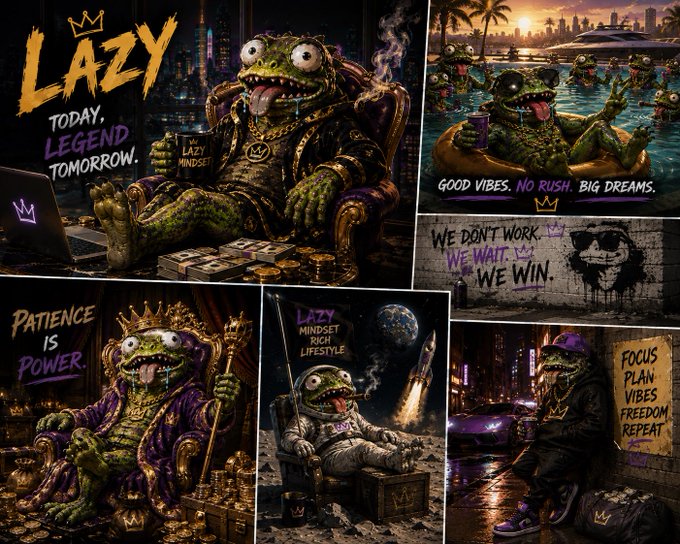 A collage of AI-generated meme art featuring a lazy frog character in various luxurious scenes with motivational captions like 'LAZY TODAY, LEGEND TOMORROW,' 'PATIENCE IS POWER,' 'LAZY MINDSET RICH LIFESTYLE,' and 'GOOD VIBES, NO RUSH, BIG DREAMS,' along with a graffiti reading 'WE DON'T WORK WE WAIT. WE WIN.' and a poster stating 'FOCUS PLAN VIBES FREEDOM REPEAT.'