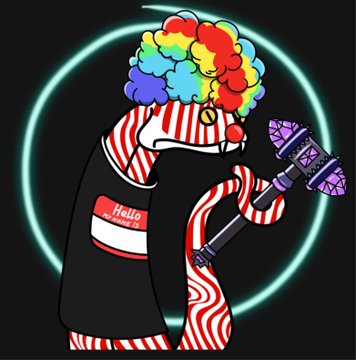 A colorful digital illustration of a clown character with a rainbow afro, wearing a black and red/white striped outfit with a 'Hello My Name Is' name tag, holding a purple hammer against a dark background with a glowing cyan ring.