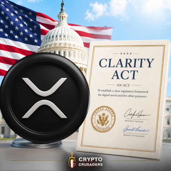 The image depicts an XRP coin alongside a document titled "CLARITY ACT — AN ACT To establish a clear regulatory framework for digital assets," set against the backdrop of the US Capitol and an American flag, with the "Crypto Crusaders" logo below. It visually represents today's US House hearing on the CLARITY Act, which aims to provide regulatory clarity for digital assets including XRP.