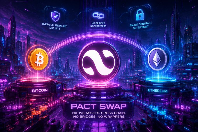 A promotional graphic for 'PACT SWAP' featuring Bitcoin and Ethereum logos with the tagline 'NATIVE ASSETS. CROSS CHAIN. NO BRIDGES. NO WRAPPERS.' and features including 'OVER-COLLATERALIZED SECURITY', 'NO BRIDGES NO WRAPPERS', and 'SMART CONTRACT SETTLEMENT'.