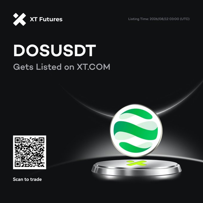 An XT Futures cryptocurrency listing announcement showing 'DOSUSDT Gets Listed on XT.COM' with a listing time of 2026/08/12 03:00 UTC, featuring a green circular token graphic and a QR code labeled 'Scan to trade'.