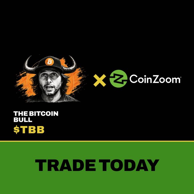 A promotional graphic for "THE BITCOIN BULL $TBB" now available on CoinZoom, featuring an illustration of a horned-helmeted figure with a Bitcoin "₿" symbol, alongside the CoinZoom logo and a green banner reading "TRADE TODAY."