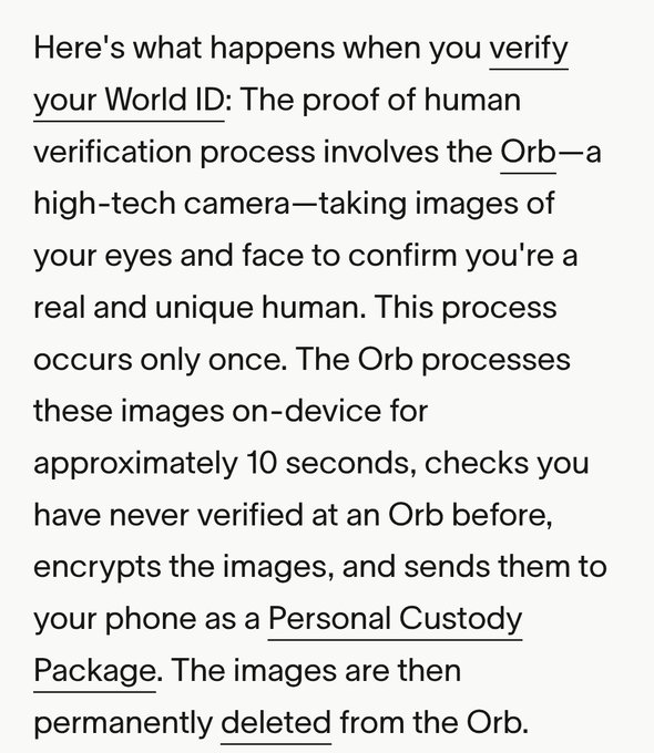 Text explaining the World ID verification process involving 'The Orb', which processes encrypted facial images on-device for about 10 seconds.