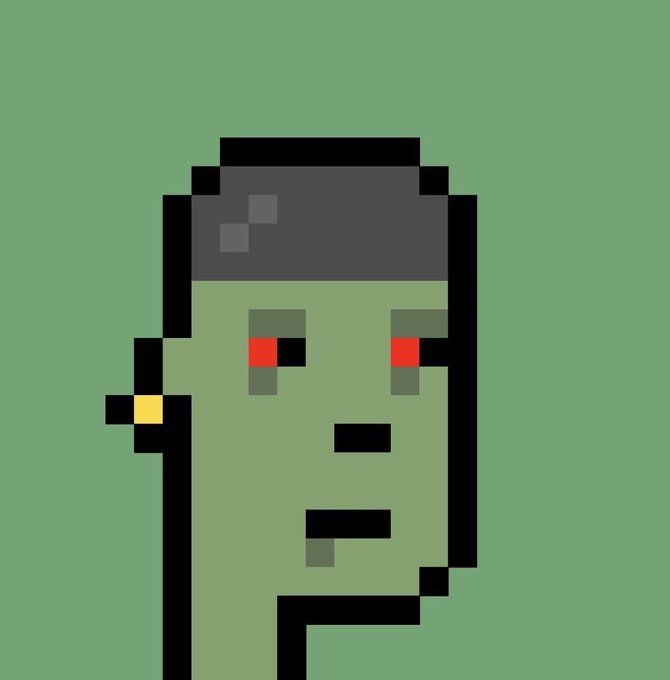 A pixel art portrait of a green-skinned figure with red eyes and dark hair on a solid green background.