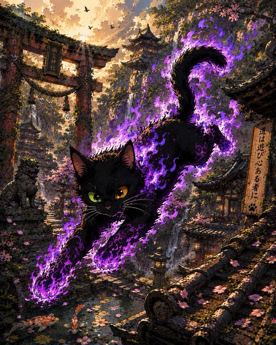 An illustrated black cat with green eyes leaps through purple flames in a Japanese-style setting with a torii gate, traditional buildings, and koi fish.