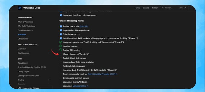 A red arrow points to the "Major UI rework (*Omni v3*)" item in Variational's updated roadmap checklist, highlighting this key upcoming interface upgrade that is the focus of the discussion about improving trader experience.