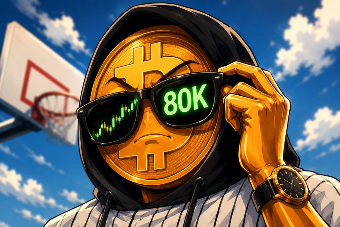 A hooded Bitcoin character wears sunglasses displaying “80K” and candlestick charts, with a basketball hoop in the background—symbolizing Bitcoin’s surge toward the $80K level after gaining roughly $16K in seven days.