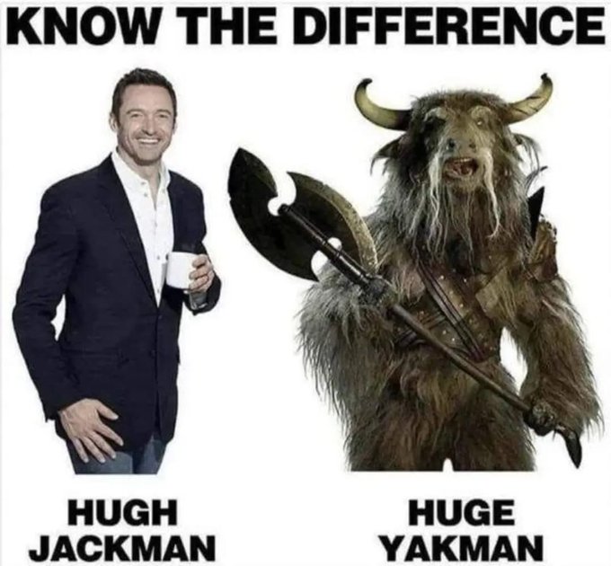 A humorous meme titled 'KNOW THE DIFFERENCE' comparing a photo of actor Hugh Jackman in a suit labeled 'HUGH JACKMAN' to a fierce, horned yak warrior character labeled 'HUGE YAKMAN'.