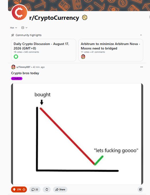 A Reddit post from r/CryptoCurrency by u/TimmyXBT titled 'Crypto bros today' with a satirical graph showing a steep price drop after buying, captioned 'lets fucking goooo' with a green checkmark.