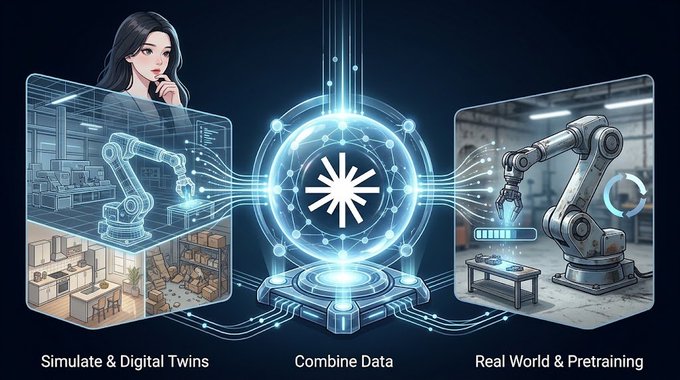 An infographic illustrating AI and robotics workflow with sections labeled 'Simulate & Digital Twins', 'Combine Data', and 'Real World & Pretraining'.