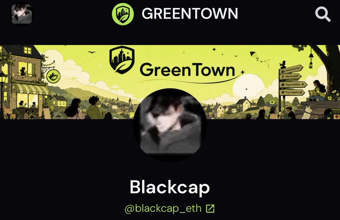 A Twitter/X profile page for 'Blackcap' (@blackcap_eth) displayed under the 'GREENTOWN' banner, featuring an illustrated townscape with a cat logo.