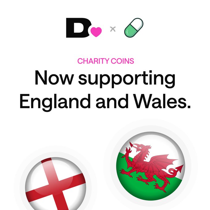 The image announces "CHARITY COINS Now supporting England and Wales," featuring the BeReal logo paired with a pill icon, alongside circular emblems of the English and Welsh flags (the red cross on white for England and the red dragon on green and white for Wales). It visually represents the international expansion of BeReal's Charity Coins feature beyond the U.S., aligning with the post's announcement that nearly $8 million has been raised to date as the program extends its reach to UK-based nonprofits.