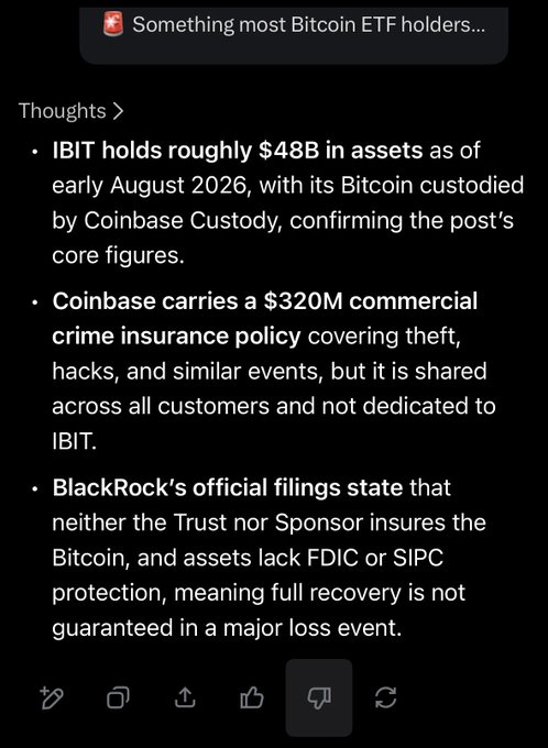 A screenshot of text beginning with 'Something most Bitcoin ETF holders...' discussing facts about IBIT holdings, Coinbase Custody's $320M insurance policy, and BlackRock's official filings regarding Bitcoin protection.