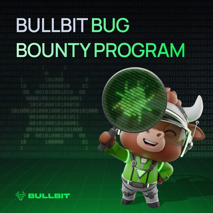 Promotional graphic for 'BULLBIT BUG BOUNTY PROGRAM' featuring a 3D cartoon bull character in green examining a bug with a digital magnifying glass against a green code background.