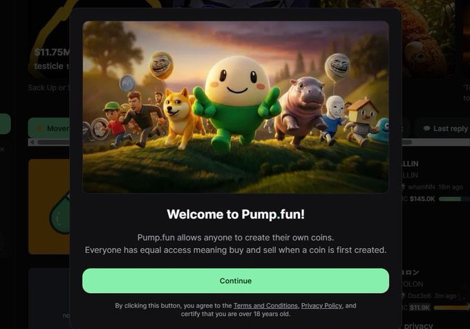A welcome screen for Pump.fun features its green blob mascot front and center, surrounded by other popular meme coin characters, with the text "Welcome to Pump.fun! Pump.fun allows anyone to create their own coins. Everyone has equal access meaning buy and sell when a coin is first created." The image supports the post's claim by showing Cupsey (the green mascot, whose IP the poster identifies as belonging to @Cupsey) prominently displayed on Pump.fun's official welcome page, reinforcing the bullish sentiment about the character's central role in the platform's branding.